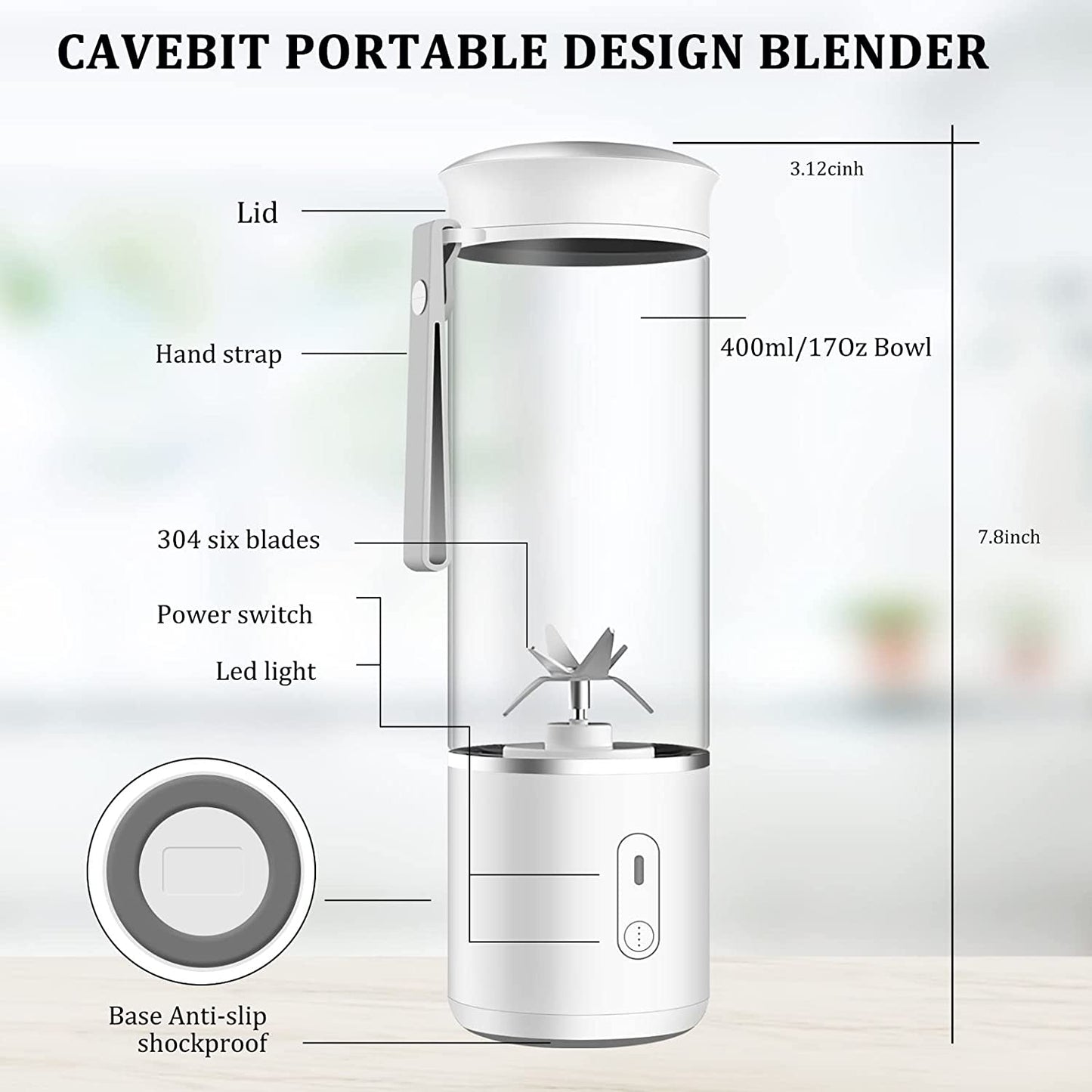 Compact USB Rechargeable Portable Blender - Perfect for Smoothies & Shakes on the Go - 14oz with 6 Powerful 3D Blades