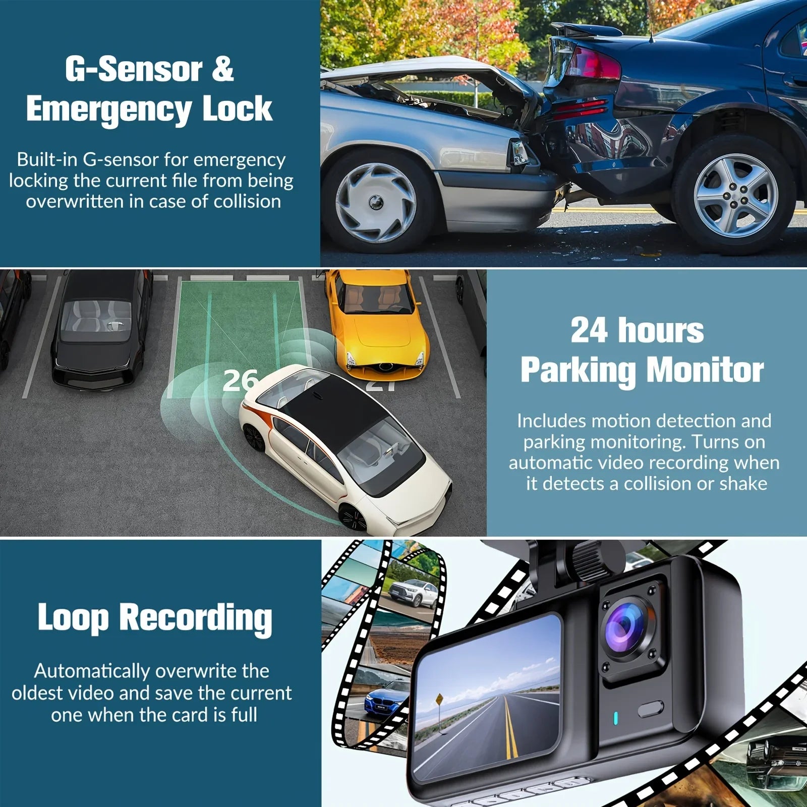 Triple Camera 1080P Full HD Dash Cam - Front, Rear & Interior Video Recorder for Ultimate Safety