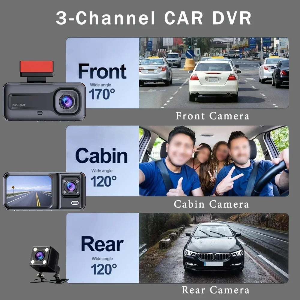 Triple Camera 1080P Full HD Dash Cam - Front, Rear & Interior Video Recorder for Ultimate Safety
