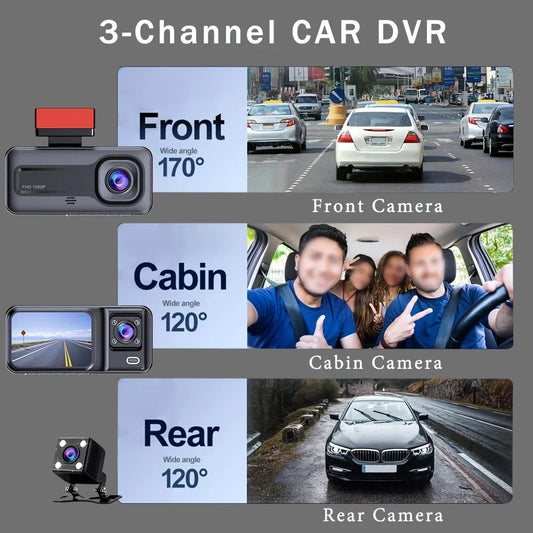 Triple Camera 1080P Full HD Dash Cam - Front, Rear & Interior Video Recorder for Ultimate Safety