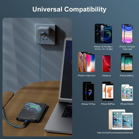 Durable 2-Pack Nylon Braided 3FT iPhone Charger Cords - Stylish Lightning to USB Cables for iPhone 14, 13, 12, 11, X, XS, XR, and iPad - Eye-Catching Blue Design