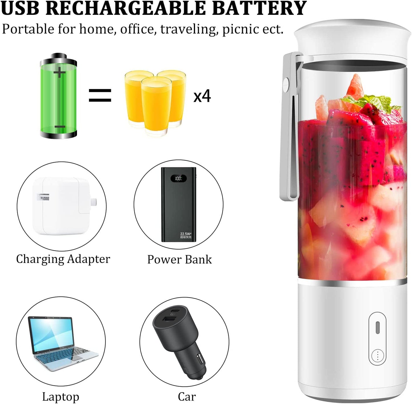 Compact USB Rechargeable Portable Blender - Perfect for Smoothies & Shakes on the Go - 14oz with 6 Powerful 3D Blades